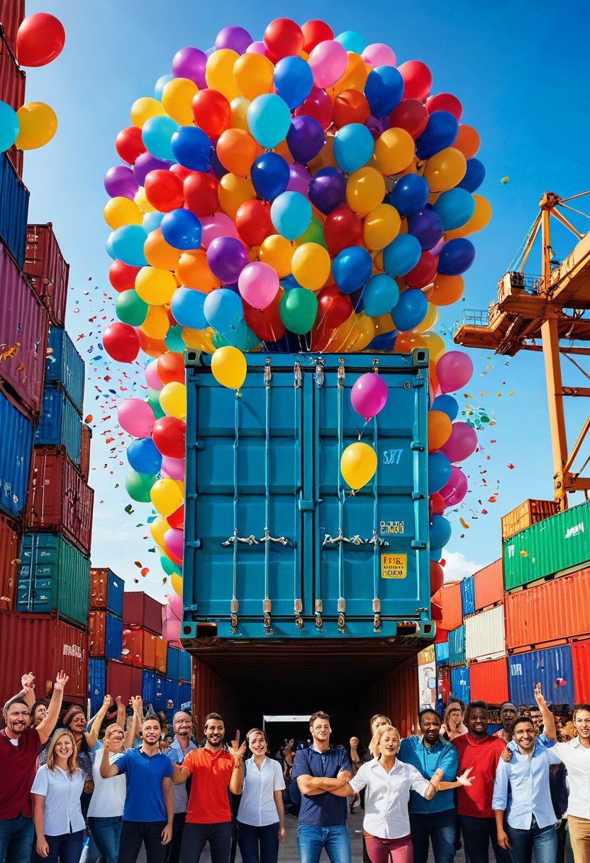 A cheerful shipping container smiling with eyes, surrounded by vibrant colors of cargo and ships operating in a sunny port. Include a diverse group of joyful workers high-fiving each other, while bright balloons and confetti float in the air to symbolize joy in logistics. The scene should evoke a sense of happiness and collaboration in the freight industry. super-realistic. vibrant colors.