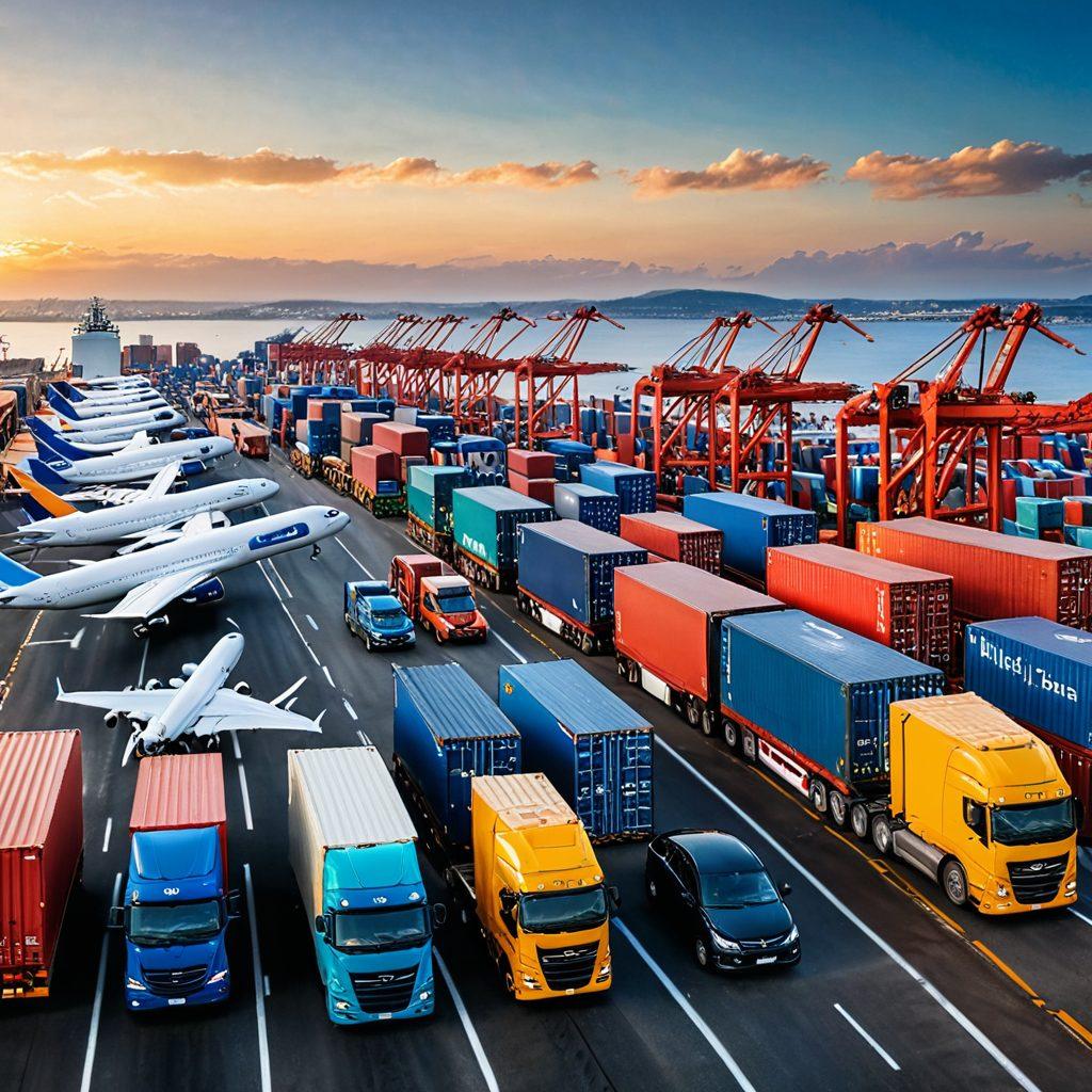 A dynamic logistics scene showcasing a diverse array of freight transportation modes, including trucks, ships, and planes, all seamlessly operating in a vibrant marketplace. Overlay a satisfied group of diverse customers and workers engaged in lively communication with modern technology, emphasizing efficient solutions. Bright colors to signify energy and progress in shipping, with a clear blue sky and open roads. super-realistic. vibrant colors. 3D.
