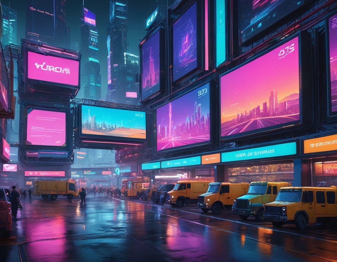 A bustling digital marketplace showcasing diverse freight options, with animated load boards displaying real-time data, trucks loading and unloading efficiently, and happy truck drivers interacting with futuristic technology. Emphasize vibrant colors and a sense of innovation, with an overlay of charts and graphs to symbolize data analysis. futuristic style. vibrant colors. cyberpunk.